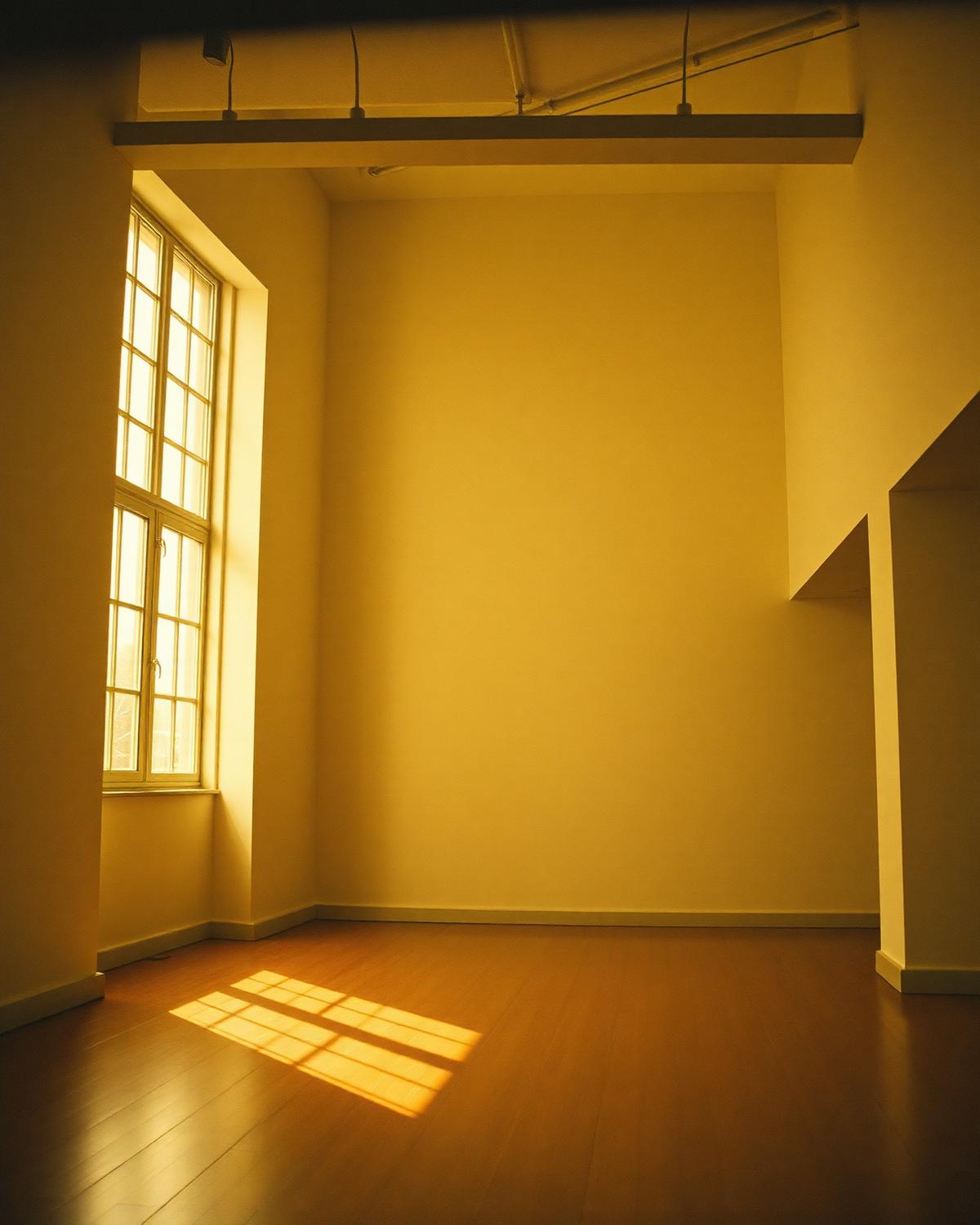 Empty sunlit loft with tall windows