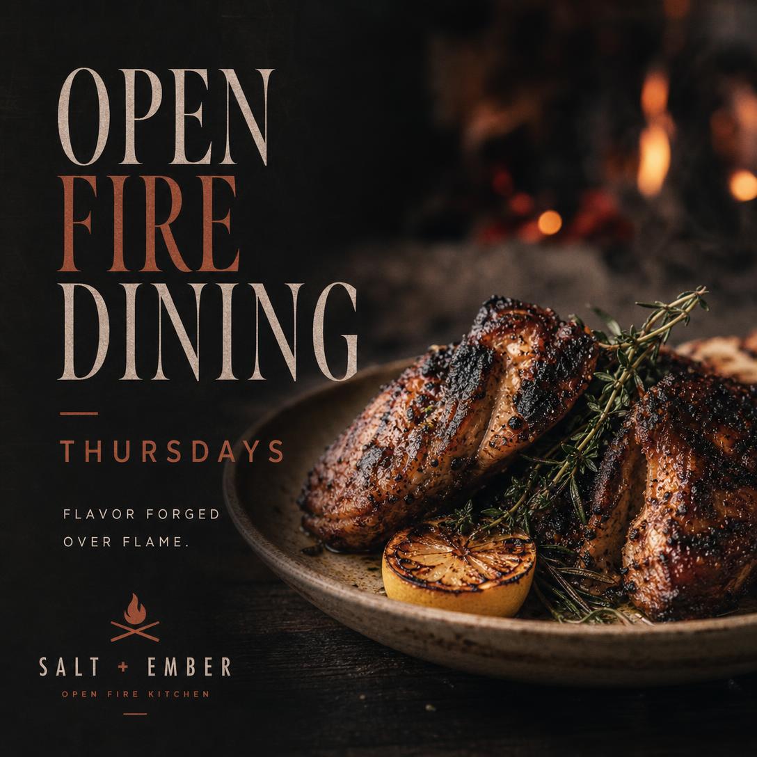 Digital advertisement concept for a fictional open-fire restaurant night