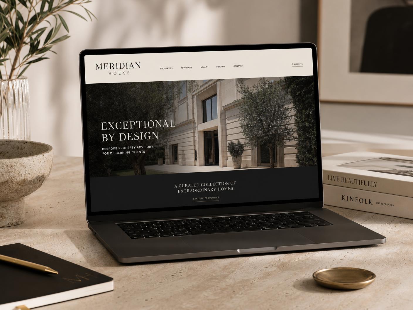 Website concept for Meridian House, a fictional luxury property brand