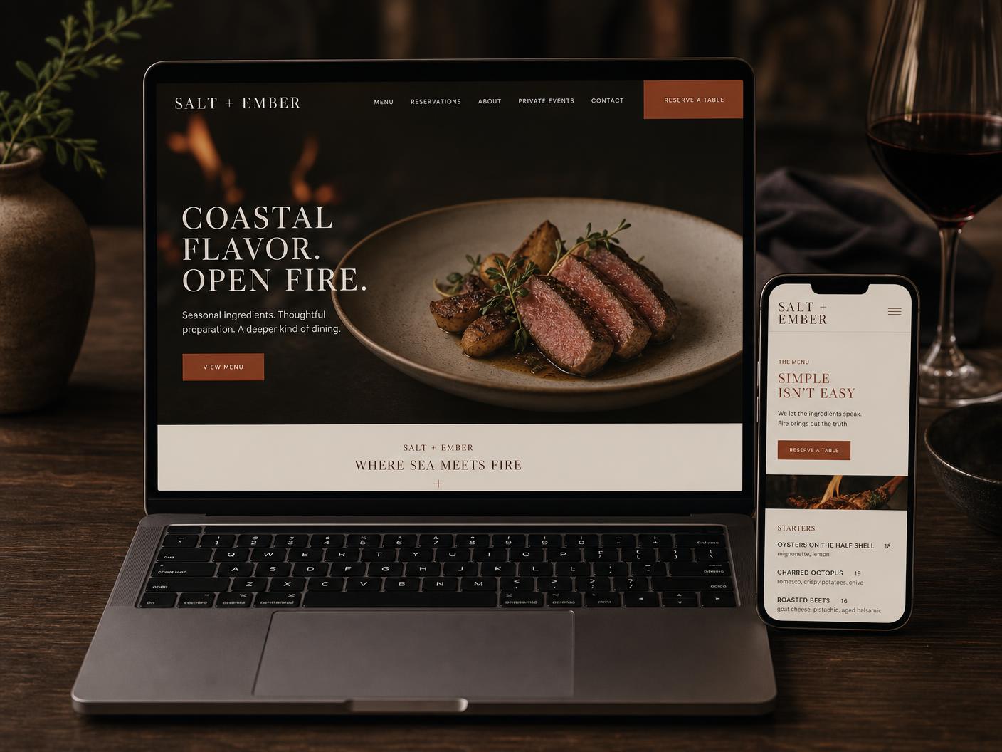 Website concept for Salt + Ember, a fictional open-fire restaurant